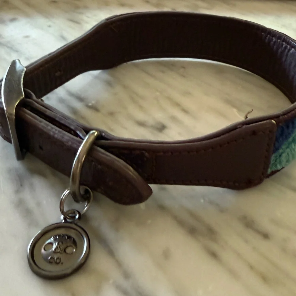 BOND & CO Blue Green Wool Dog Collar Adjustable Medium